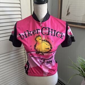 PRECARYOUS Cycling Jersey Womens Small Hot Pink Biker Chick Graphic Athletic